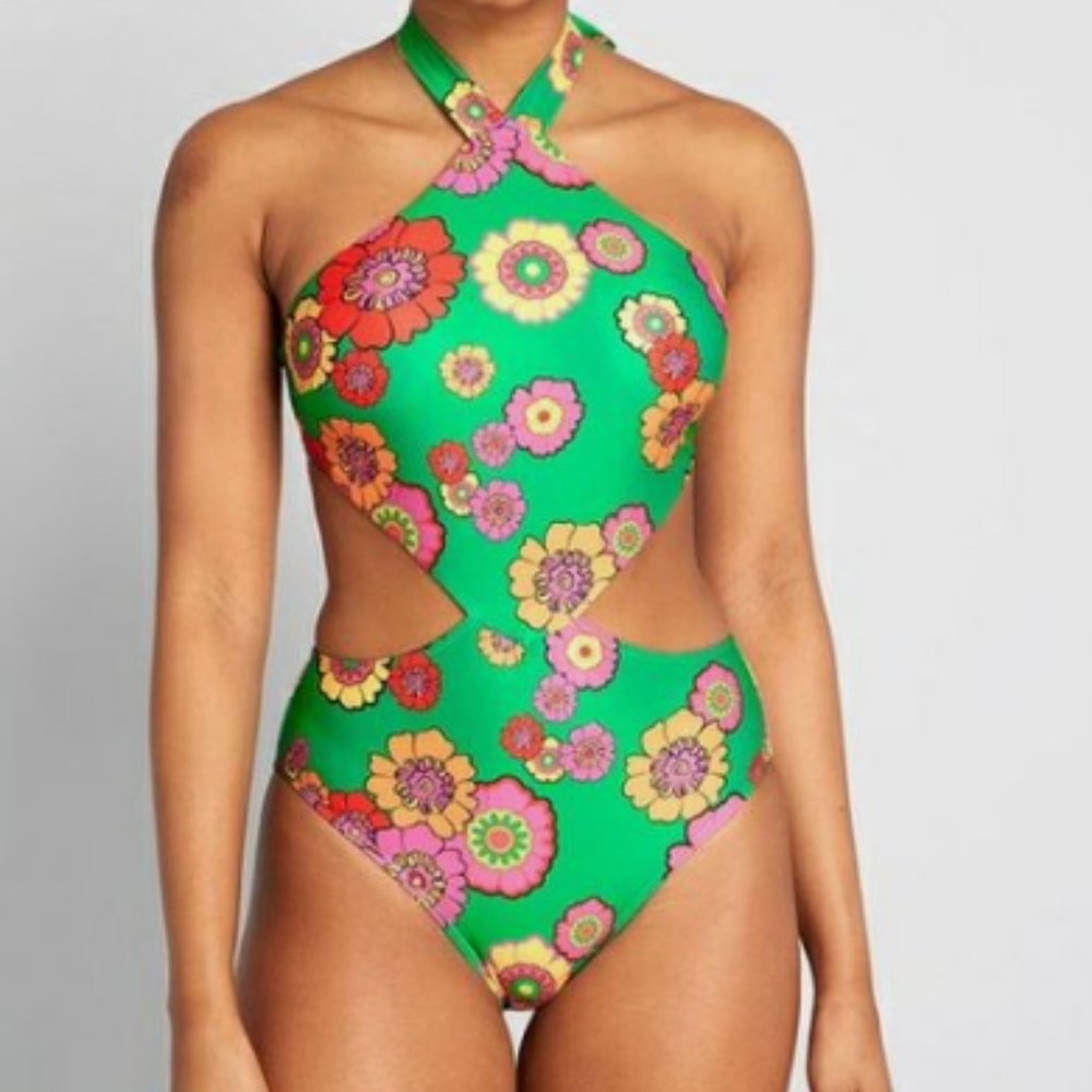 Modcloth Green Floral One Piece Swimsuit